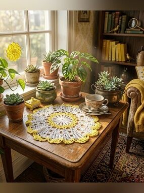 Vintage 70’s Boho Yellow White Crochet Doily Round Hippie Cottage Vibe 11”